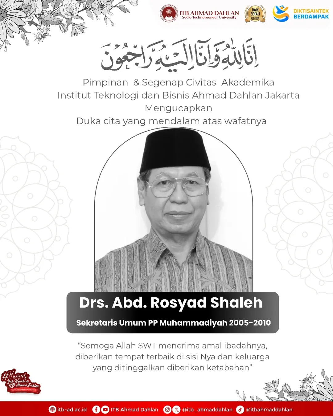 ITB Ahmad Dahlan Jakarta Berduka Atas Wafatnya Drs. Abd. Rosyad Shaleh, Tokoh Muhammadiyah dan Sekretaris Umum PP Muhammadiyah 2005–2010